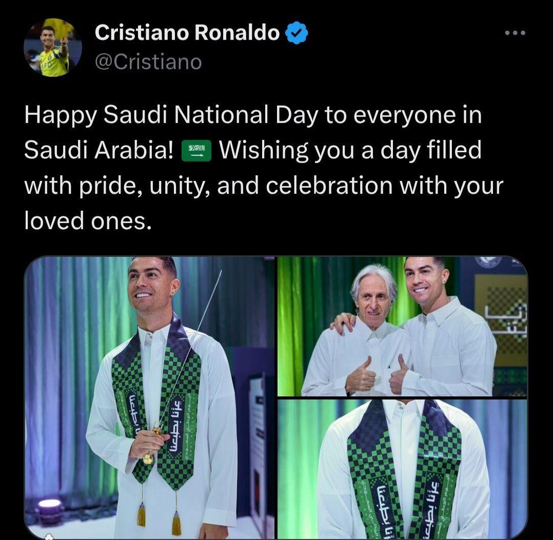 رونالدو درباره روز ملی عربستان نوشت : روزی سرشار از غرور، وحدت و جشن را برایتان آرزومندم