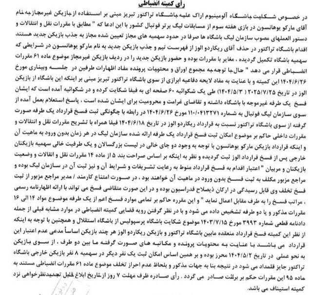 4501447 رای کمیته انضباطی درباره حضور غیرقانونی دروازهبان سوئدی تراکتور