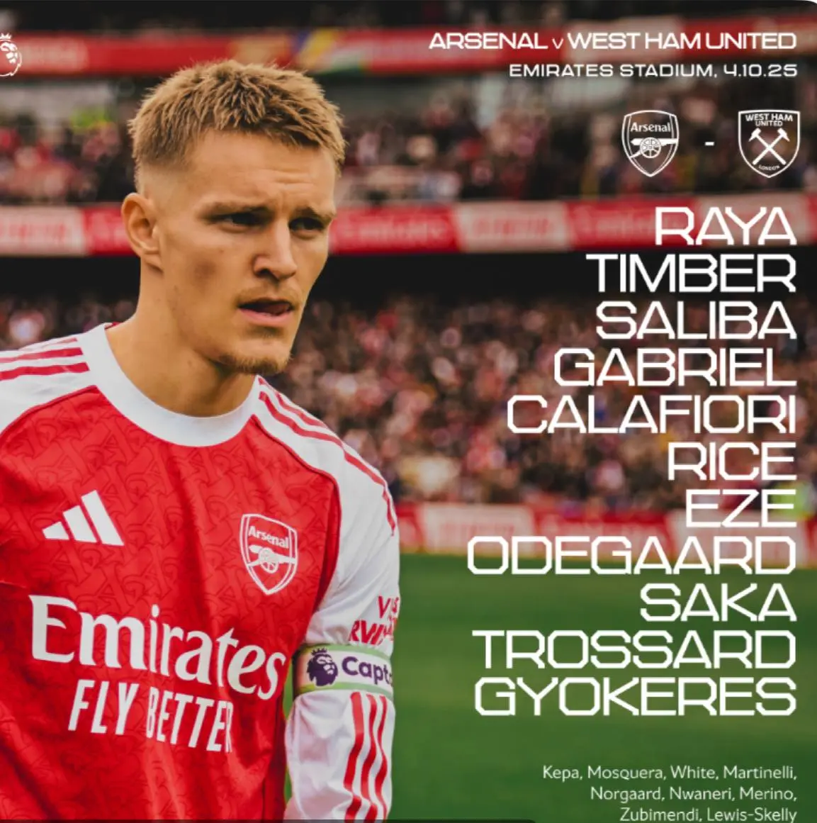 ترکیب آرسنال مقابل وستهام