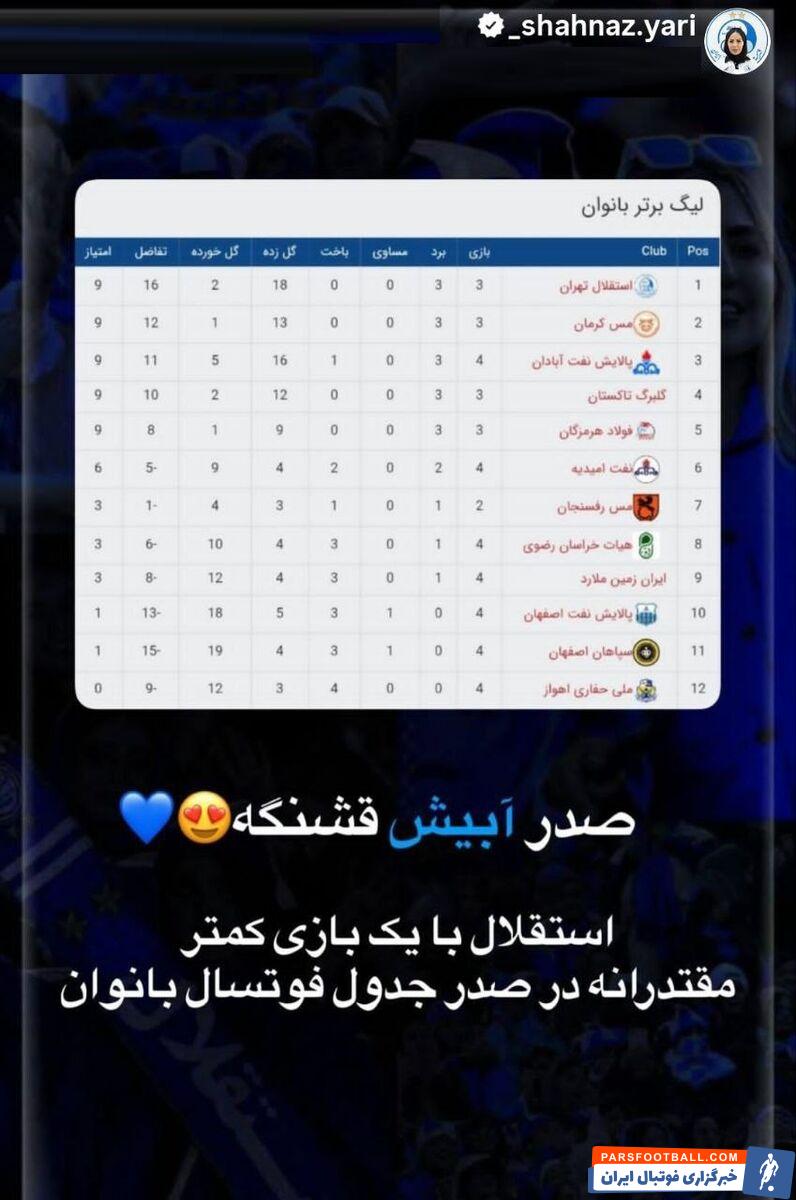 شهناز یاری با انتشار تصویری از جدول ردهبندی لیگ برتر بانوان: صدر آبی قشنگه