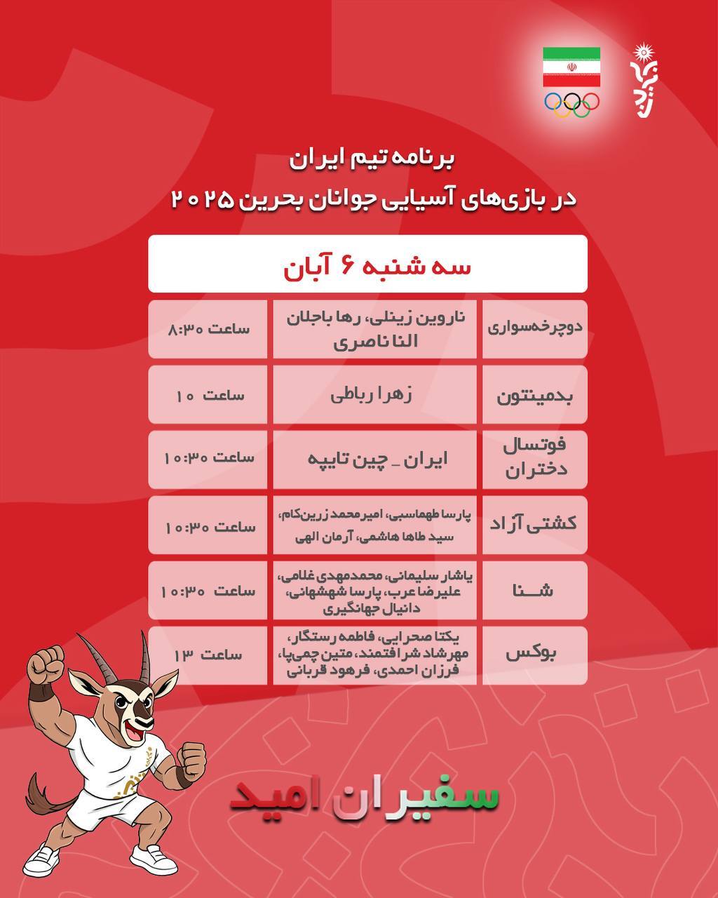 برنامه رقابت ورزشکاران ایران در تاریخ ششم آبان ۱۴۰۴ در سومین دوره بازی‌های آسیایی جوانان بحرین۲۰۲۵ 
