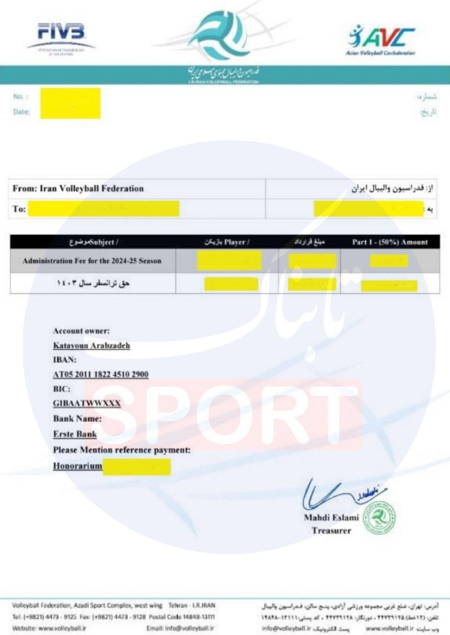 ردزنی «تابناک» از درآمدهای والیبال ایران در اتریش و لیختناشتاین/ هزاران یورو پول فدراسیون در حساب خانم وکیل مهاجرتی و یک اتریشی + اسناد ردزنی «تابناک» از درآمدهای والیبال ایران در اتریش و لیختناشتاین/ هزاران یورو پول فدراسیون در حساب خانم وکیل مهاجرتی و یک اتریشی + اسناد
