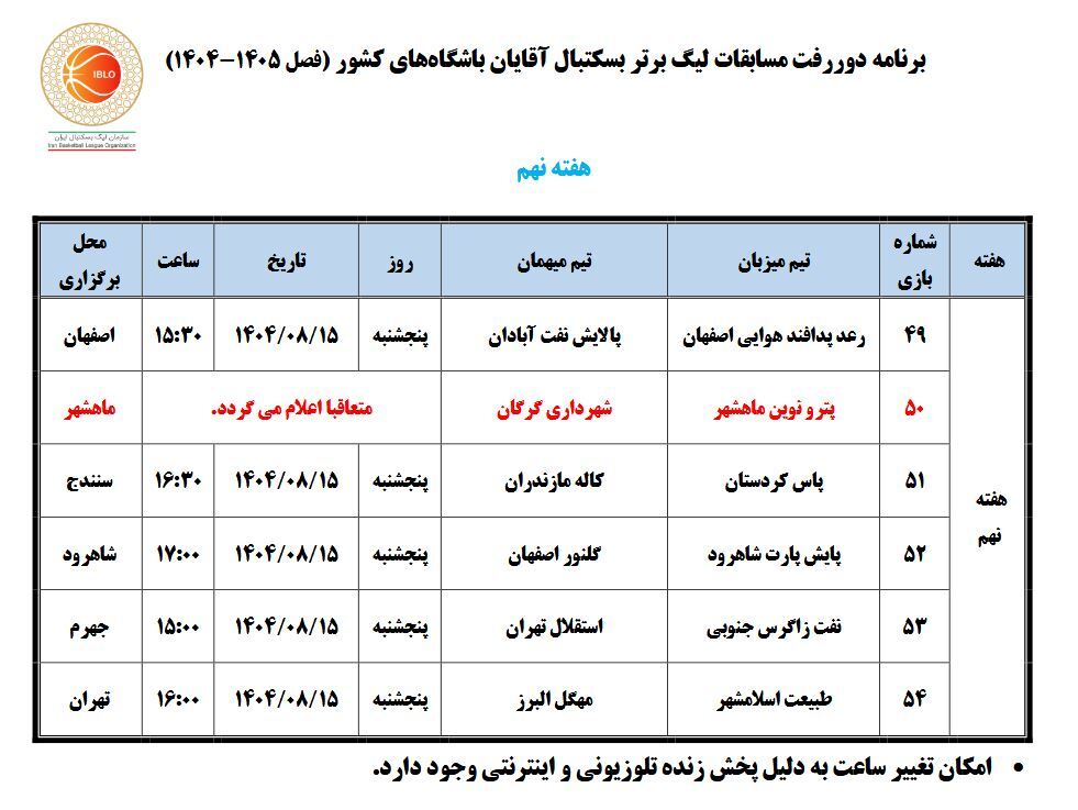 اعلام برنامه دیدارهای هفته نهم لیگ برتر بسکتبال اعلام برنامه دیدارهای هفته نهم لیگ برتر بسکتبال