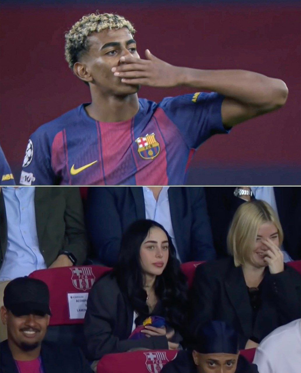 بوسه عاشقانه لامین یامال برای نیکی نیکول در بازی بارسلونا و المپیاکوس