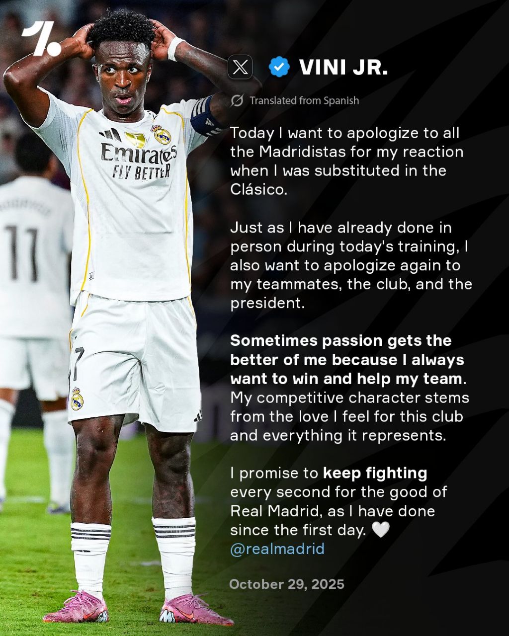 بیانیه رسمی وینیسیوس جونیور پس از رفتار زشتش در ال کلاسیکو