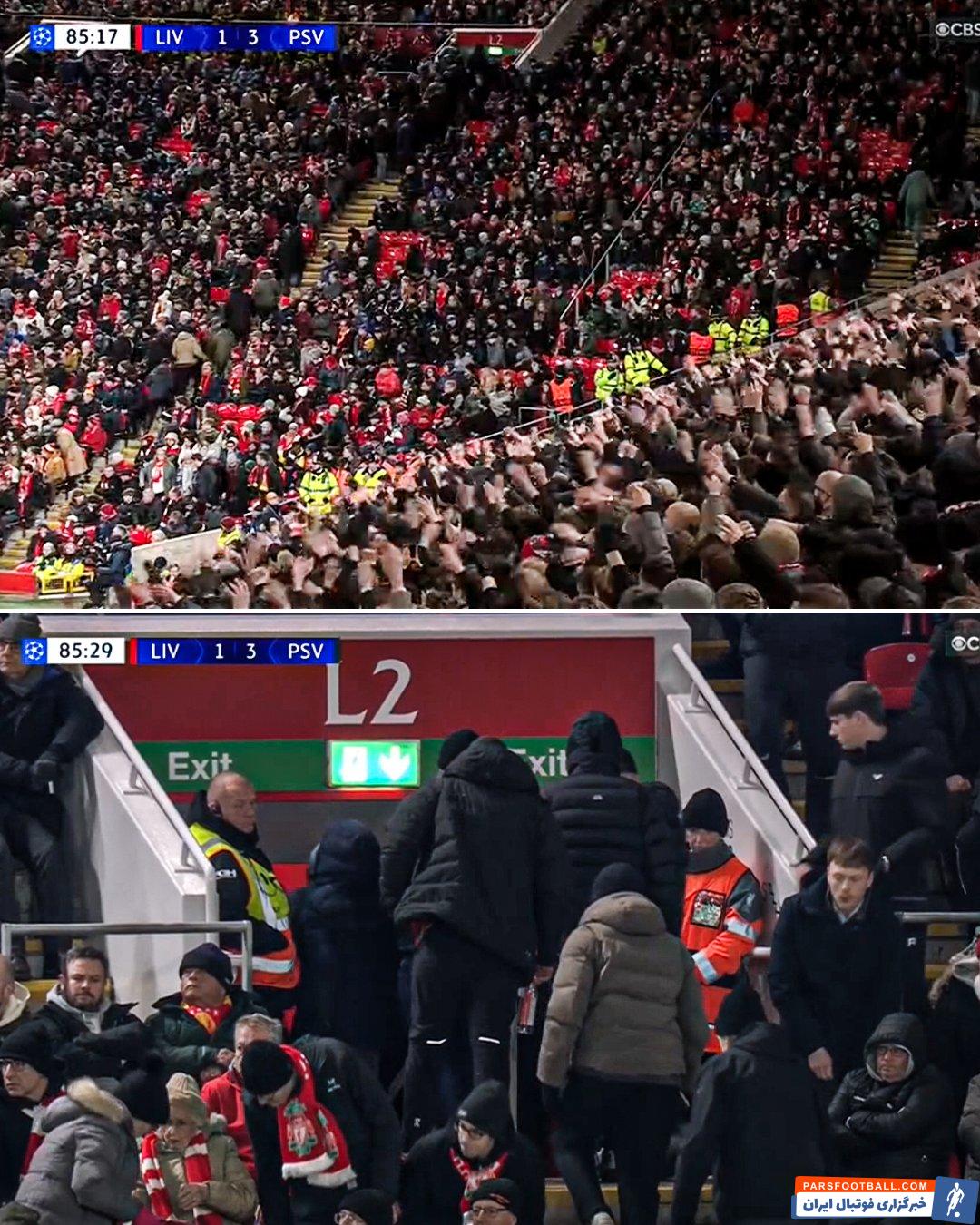 خداحافظی کنایه آمیز هواداران آیندهوون در آنفیلد با طرفداران لیورپول 