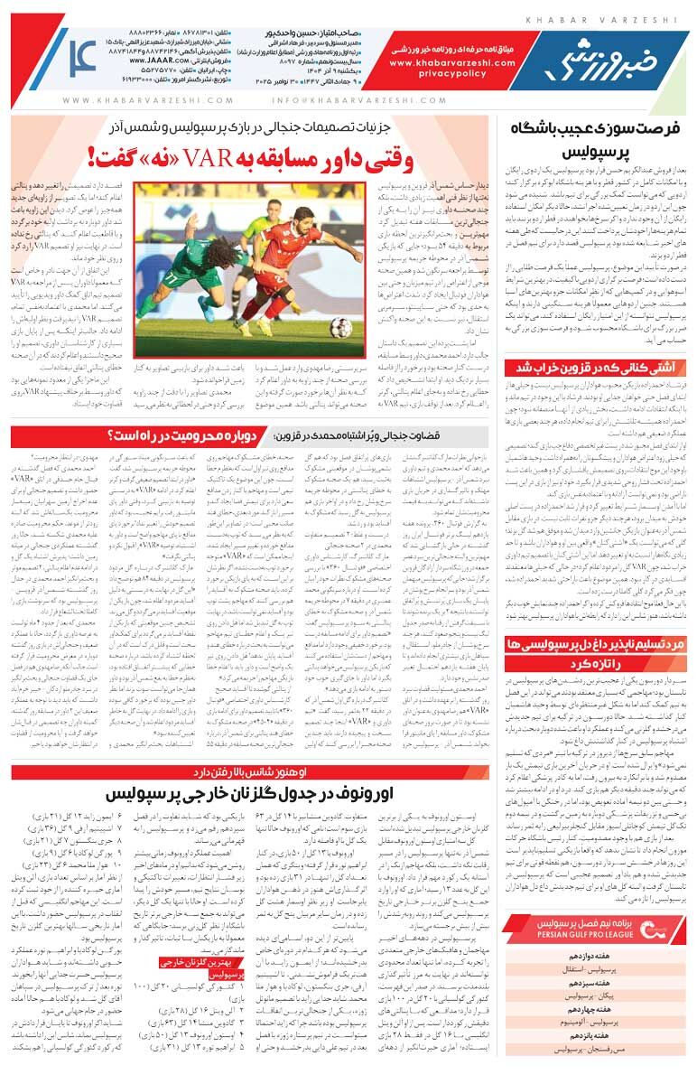 413869 آغاز هفته جنگ ساپینتو با قرمزها/ روزنامه خبرورزشی را رایگان بخوانید