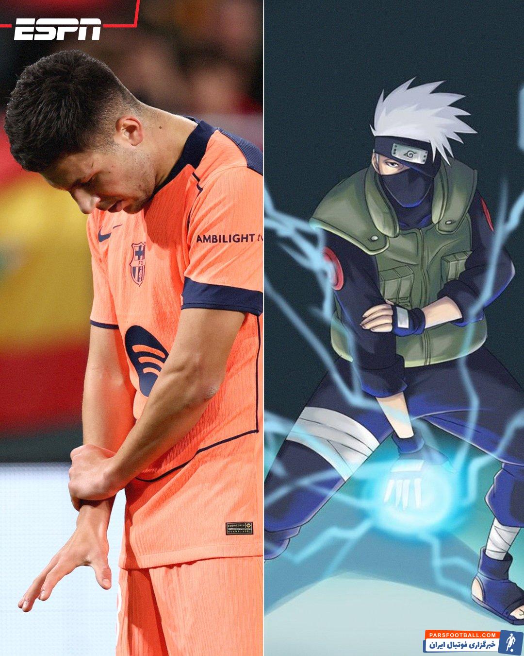 خوشحالی گل رونی بردغجی به سبک کاراکتر انیمه ناروتو در دیدار بارسلونا برابر بتیس