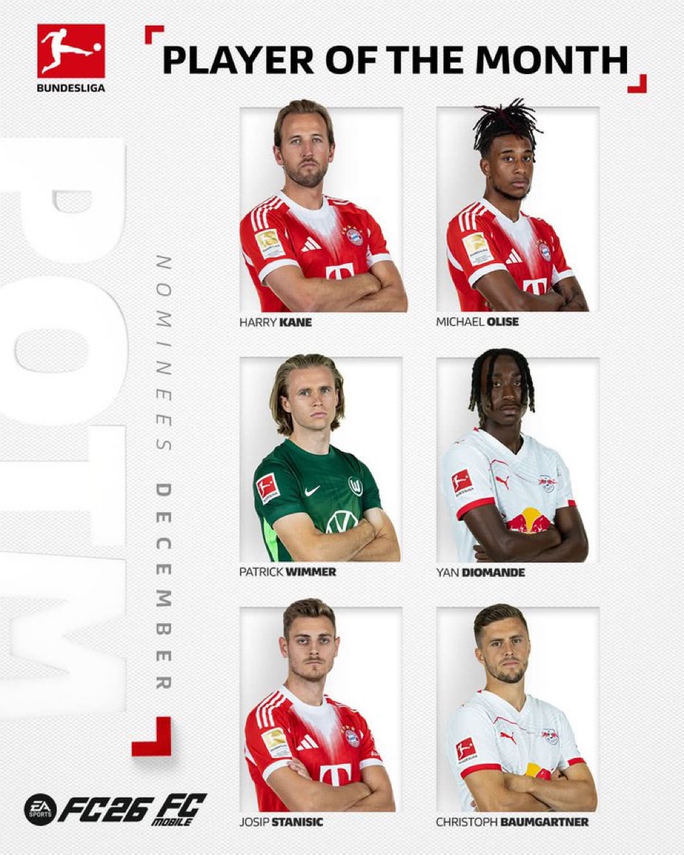 نامزدهای بهترین بازیکن بوندسلیگا در ماه دسامبر ۲۰۲۵