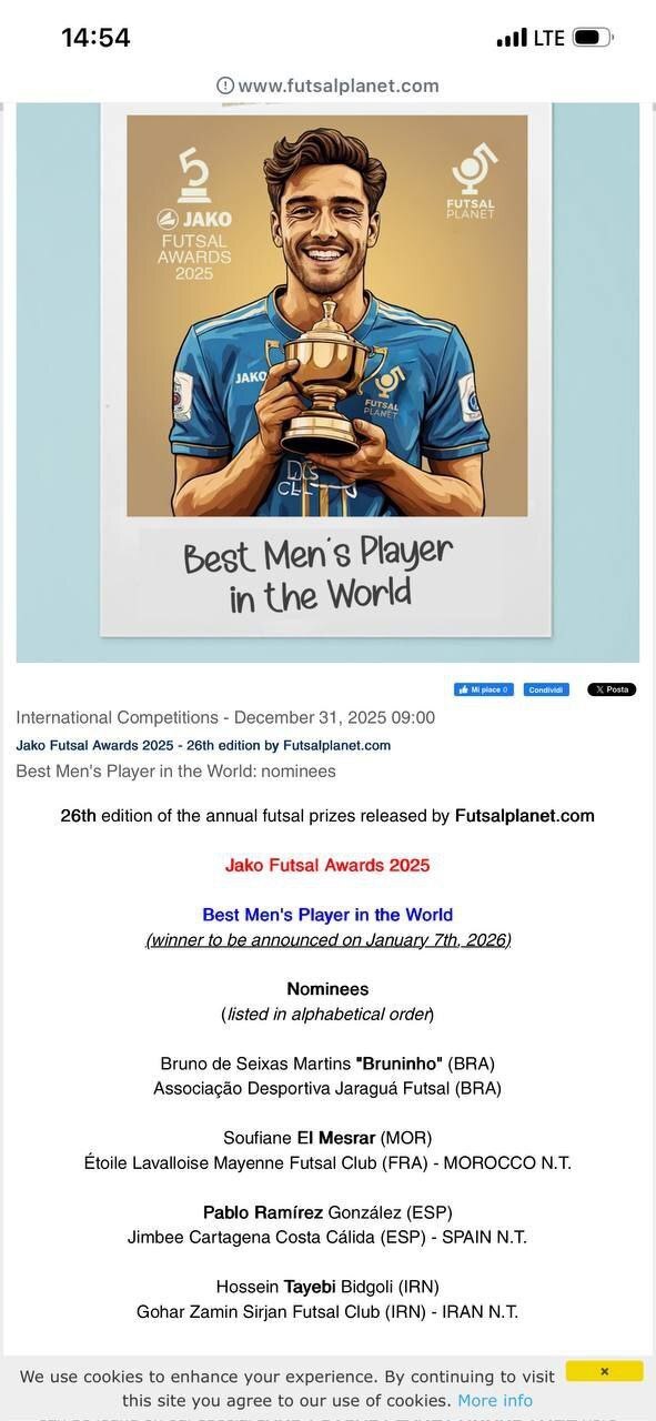 طیبی نامزد بهترین بازیکن سال فوتسال جهان شد