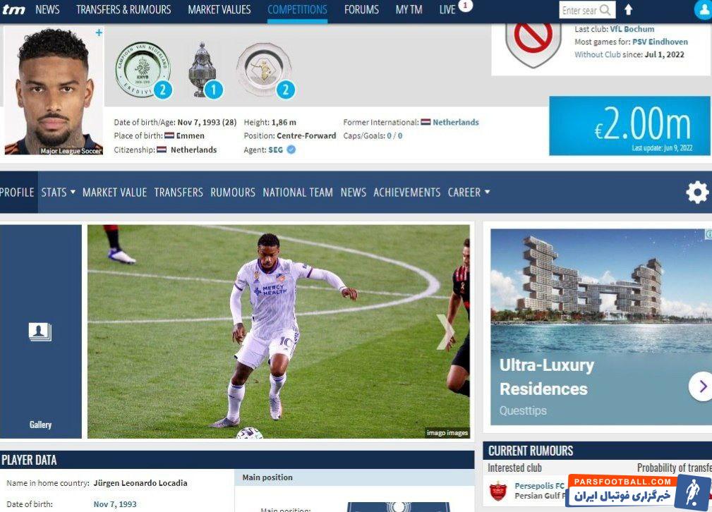 ارزش ۶۴ میلیاردی یورگن لوکادیا گزینه حضور در پرسپولیس در ترانسفرمارکت