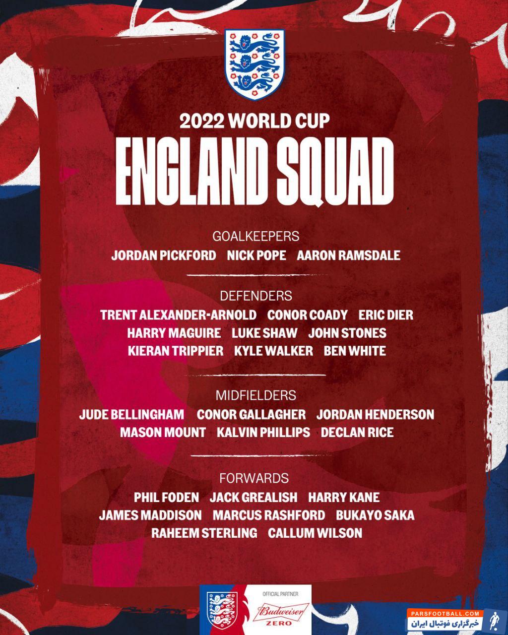 اعلام لیست نهایی 26 نفره تیم ملی انگلیس برای جام جهانی 2022