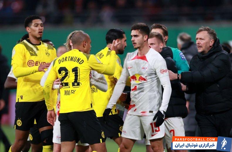 دورتموند ؛ درگیری بین بازیکنان دورتموند و لایپزیش در دقایق پایانی بازی 