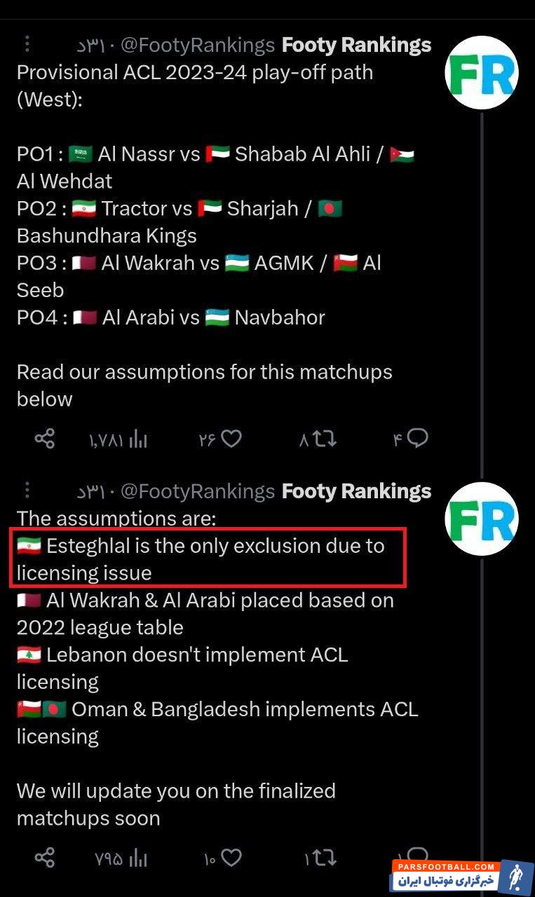 استقلال ؛ ادعای وب سایت فوتی رنکینگز از حذف استقلال از لیگ قهرمانان آسیا 