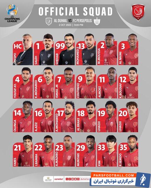 الدحیل ؛ اعلام فهرست بازیکنان الدحیل برای دیدار با پرسپولیس 