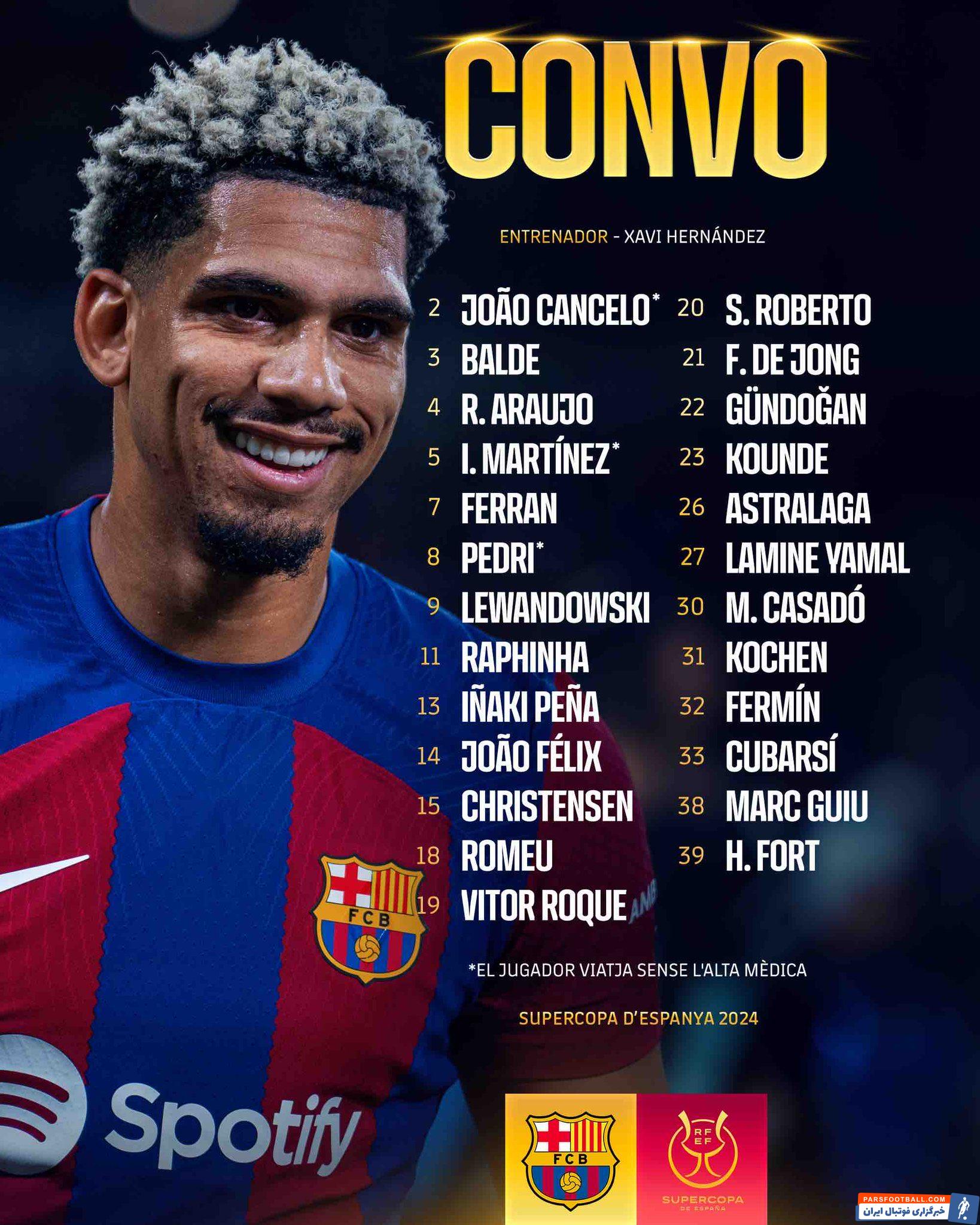 بارسلونا ؛ لیست اعلامی باشگاه بارسلونا برای دیدار های سوپرجام اسپانیا
