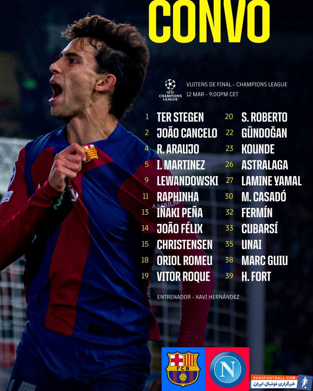 بارسلونا ؛ لیست بازیکنان بارسلونا برای دیدار برابر ناپولی در لیگ قهرمانان اروپا
