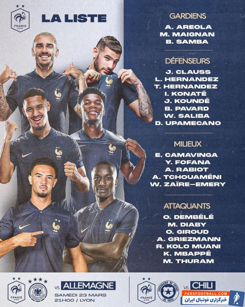فرانسه ؛ اعلام لیست تیم ملی فرانسه از سوی دیدیه دشان