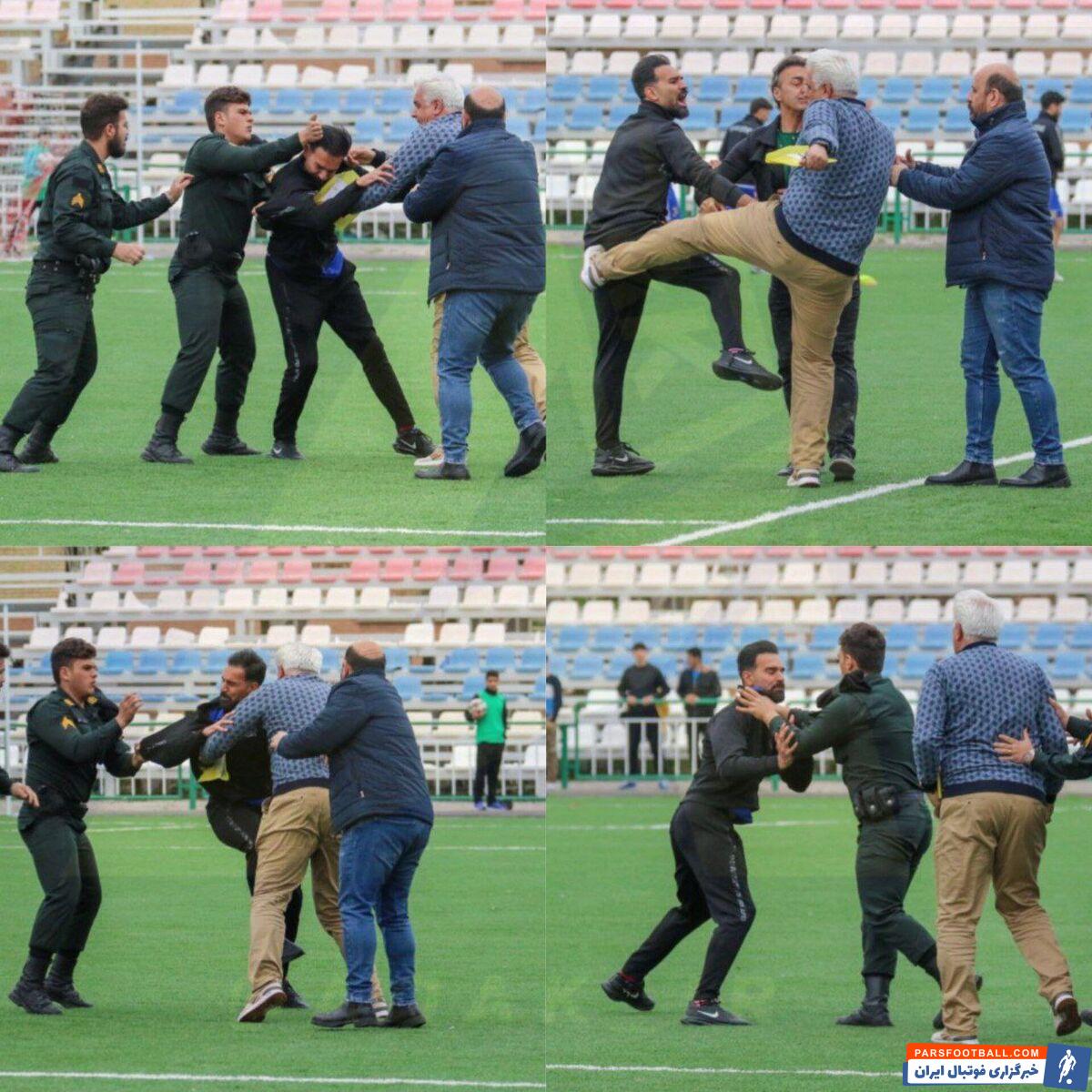 عکس| عجیب‌ترین اتفاق در فوتبال ایران/ بزن بزن دو مربی وسط زمین چمن