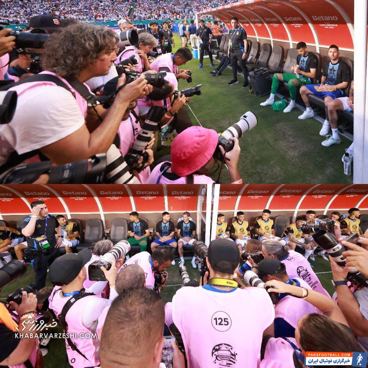 هجوم عکاسان به سوی لیونل مسی/ کاپیتان آرژانتین با کفش‌های متفاوت روی نیمکت نشست! +عکس