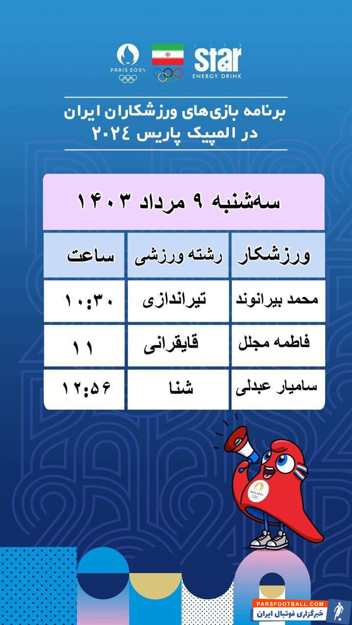 برنامه امروز بازی‌های ورزشکاران المپیکی ایران در پاریس