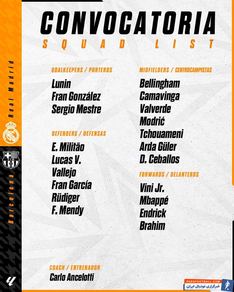 رئال مادرید ؛لیست بازیکنان رئال مادرید برای دیدار ال کلاسیکو برابر بارسلونا 