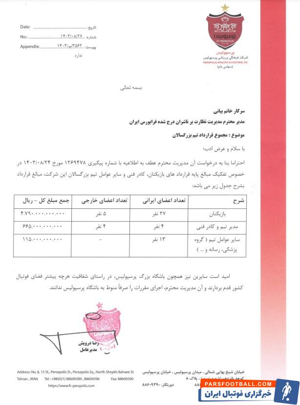 مبلغ قرارداد ستاره‌های پرسپولیس؛ 479 میلیارد و کادرفنی؛ 66 میلیارد