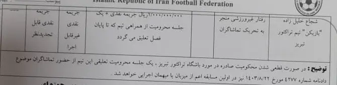اعلام آرای انضباطی دیدار نساجی و تراکتور: محرومیت خلیلزاده و اسکوچیچ و تماشاگران آقا