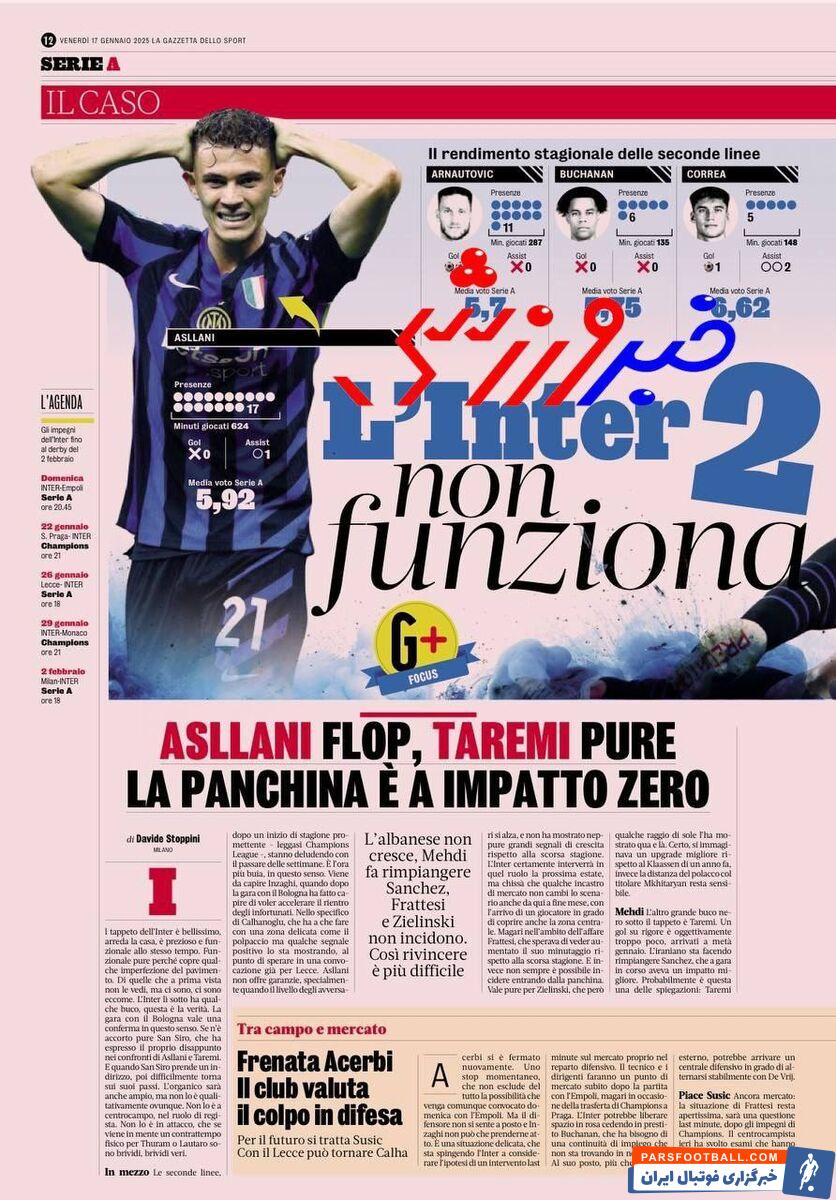 انتقاد گازتا دلواسپرت از ذخیره های اینتر؛ اصلانی ناکام، طارمی روی نیمکت بی‌اثر