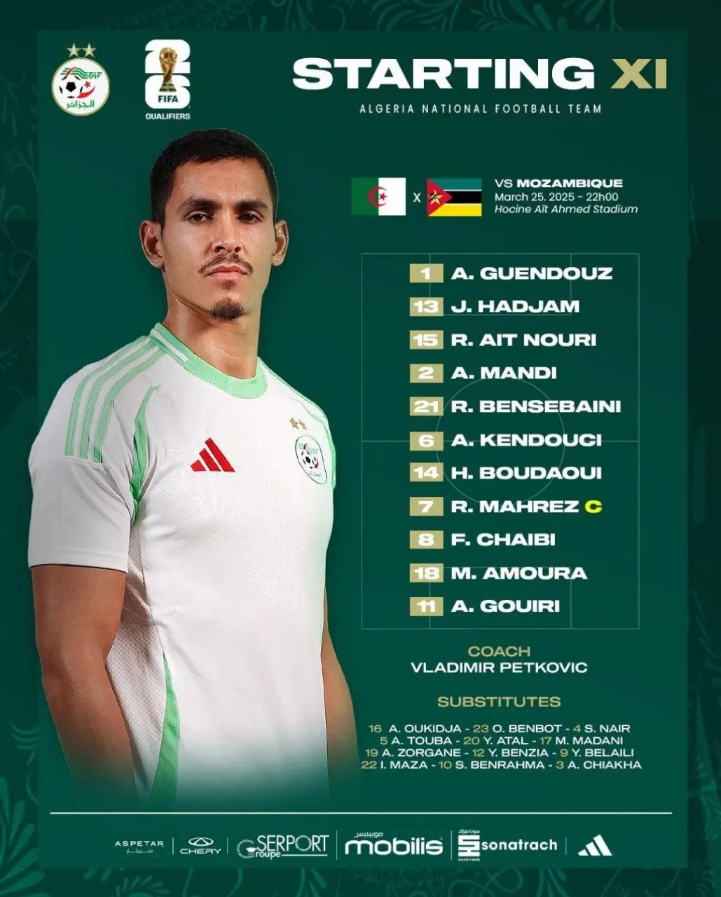 الکسیس گندوز در ترکیب اصلی الجزایر مقابل موزامبیک