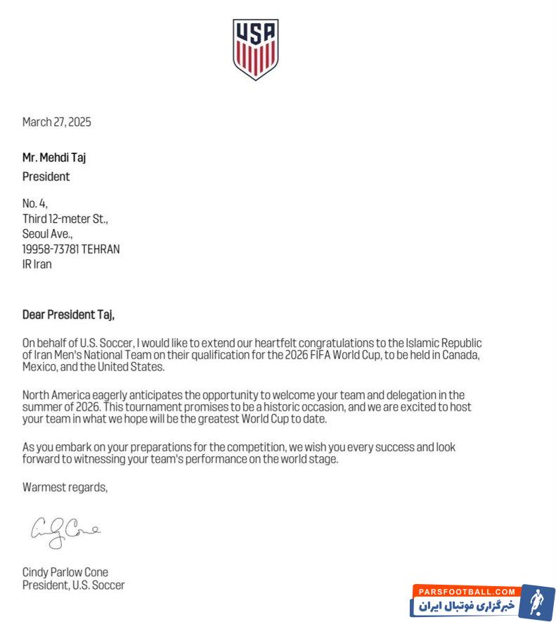 پیام مهم فدراسیون فوتبال آمریکا به تاج؛ مشتاقانه در انتظار میزبانی از ایران هستیم