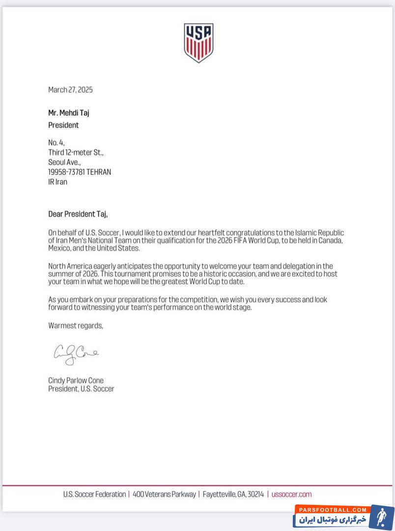 تبریک سیندی پارلو کون به مهدی تاج/ رییس فدراسیون فوتبال آمریکا: هیجان زده هستیم که میزبان شما در رویدادی تاریخی خواهیم بود!