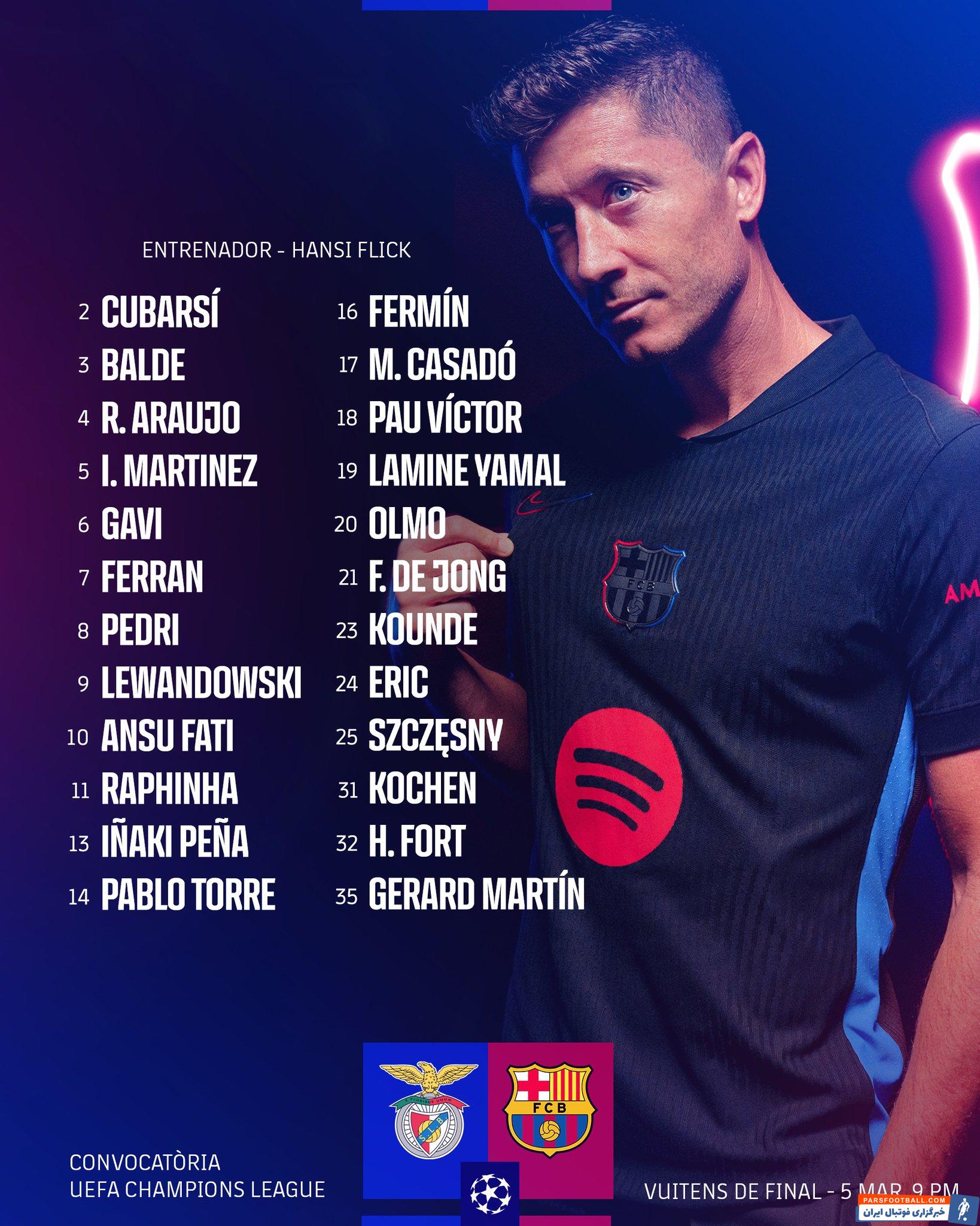 لیست بازیکنان بارسلونا برای دیدار با بنفیکا در لیگ قهرمانان اروپا