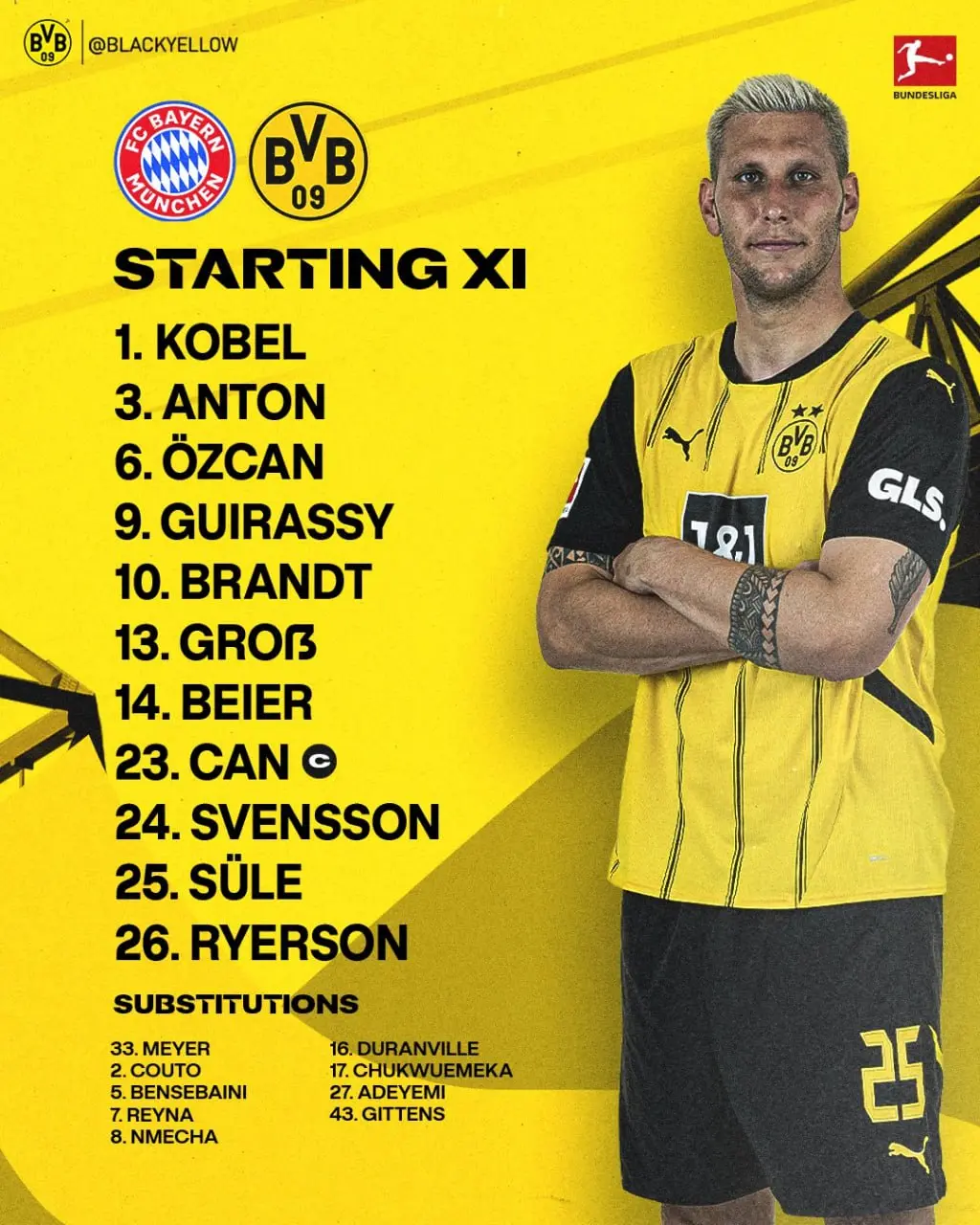 رونمایی از ترکیب دو تیم بایرن مونیخ و دورتموند