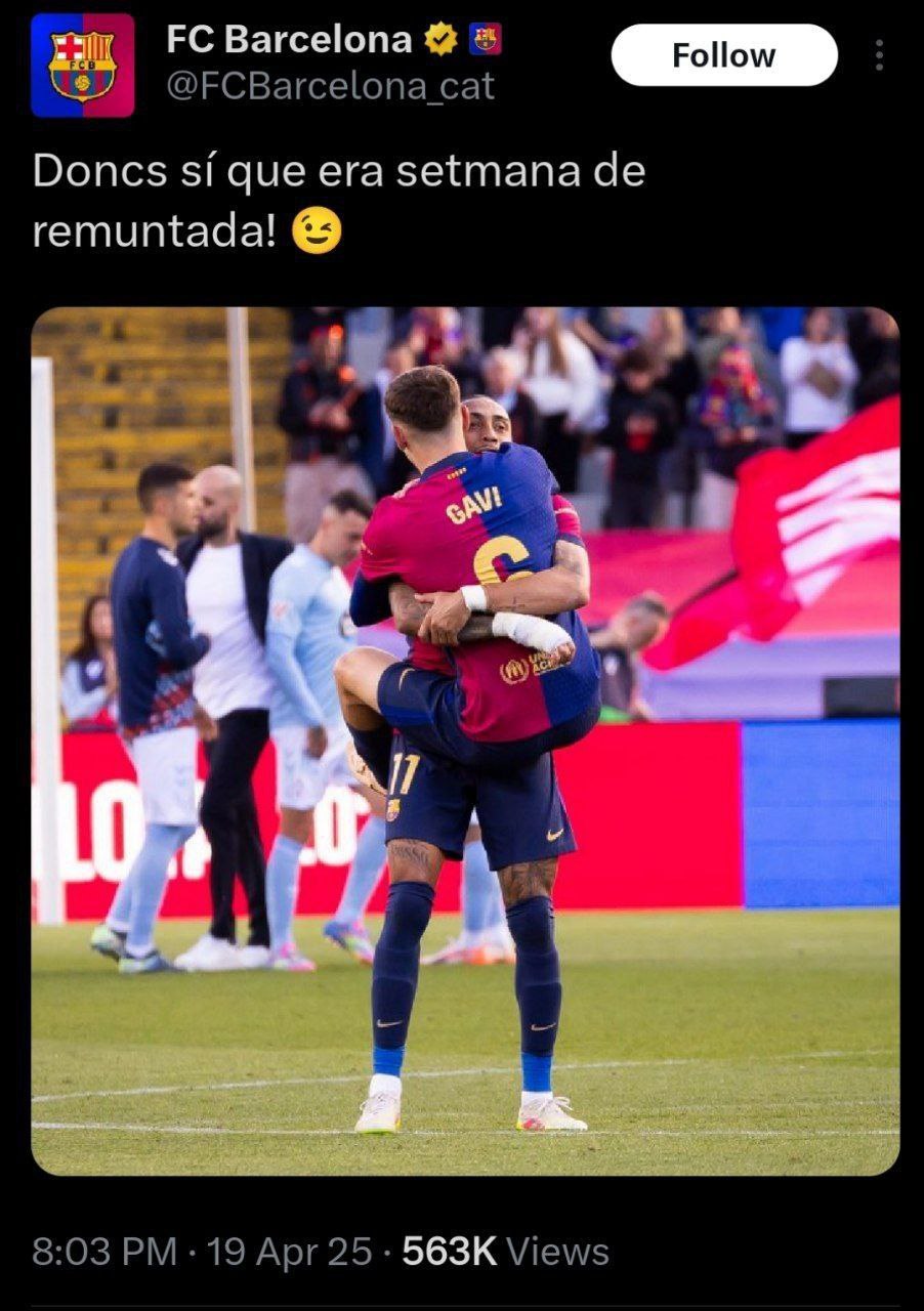 کنایه جنجالی بارسلونا به رئال مادرید پس از کامبک دیوانه وار مقابل سلیتاویگو