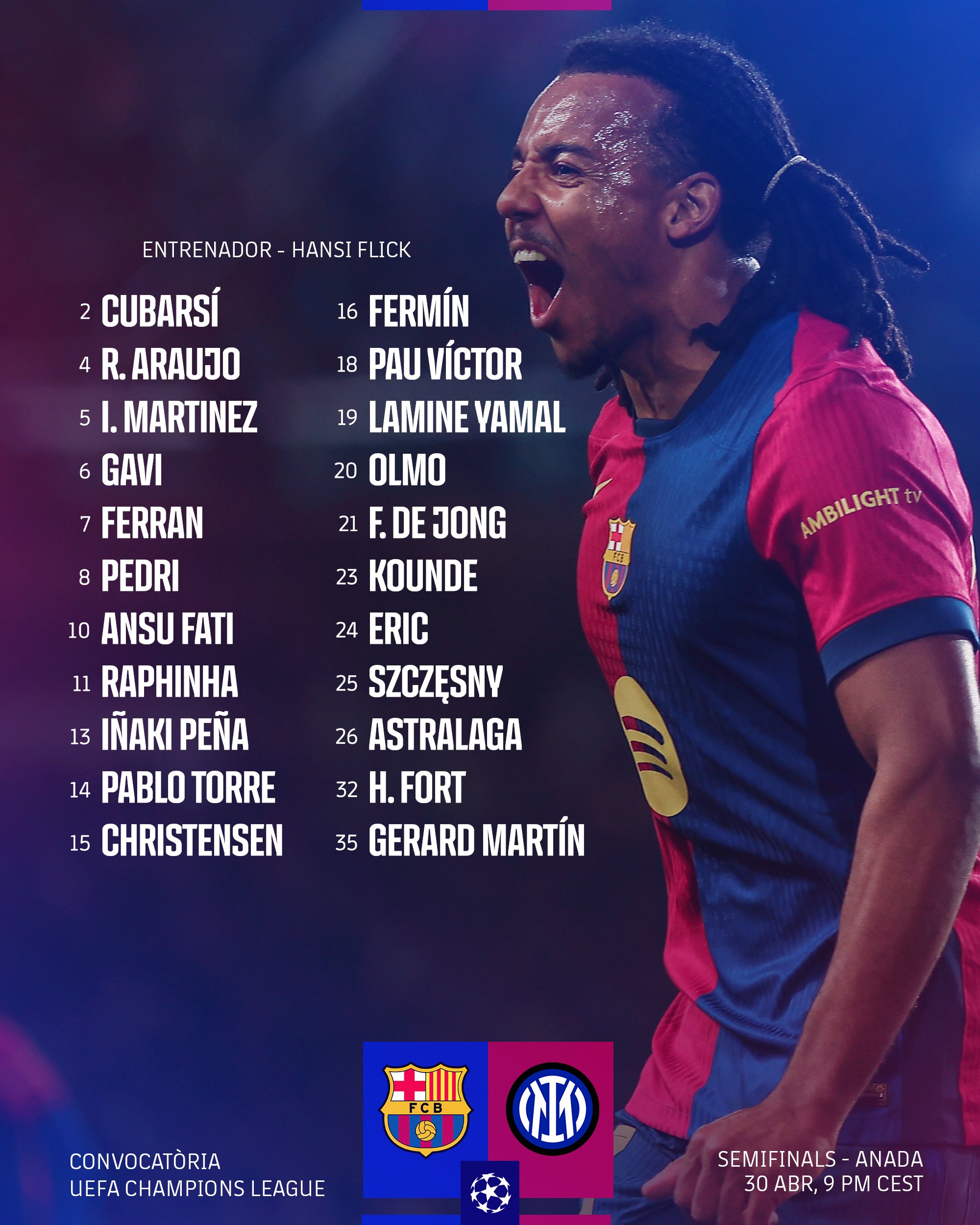 رونمایی از لیست بازیکنان بارسلونا برای بازی با اینتر در نیمه نهایی لیگ قهرمانان اروپا