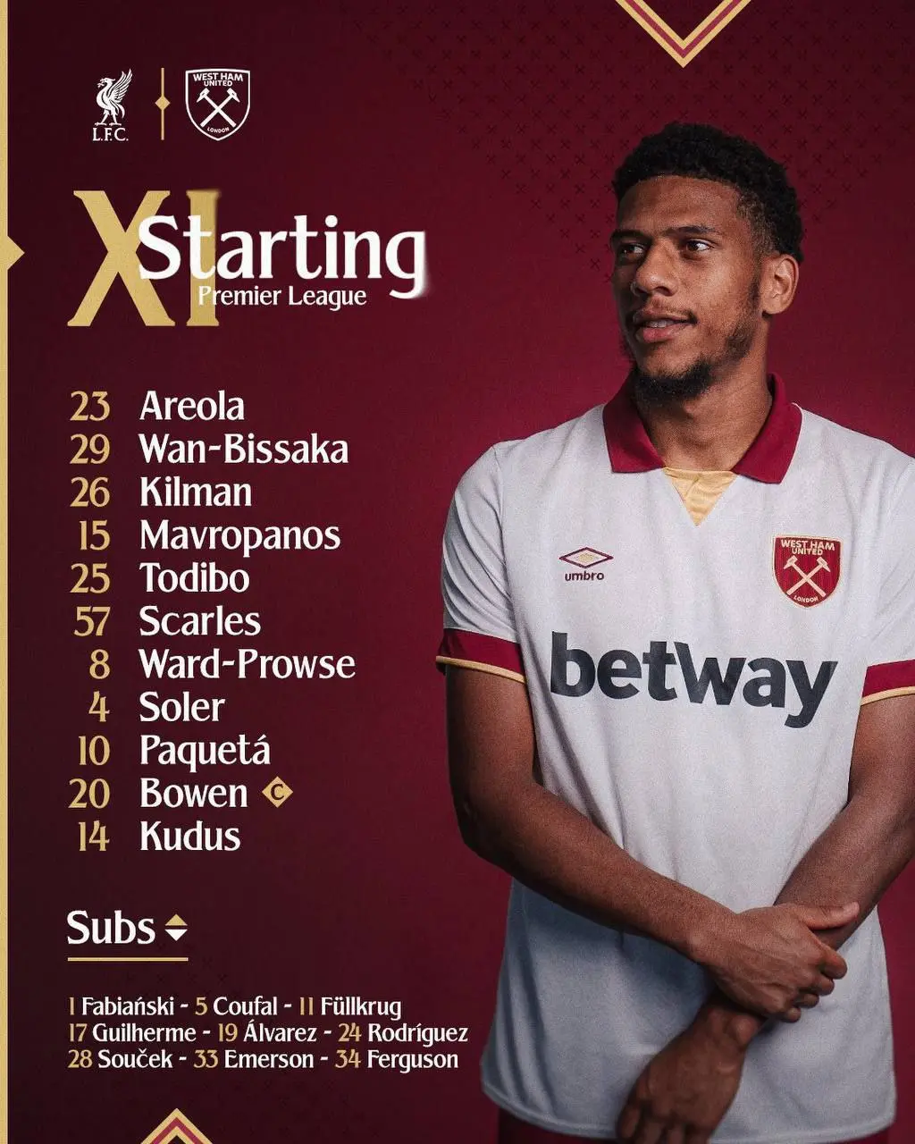 اعلام ترکیب وستهام مقابل لیورپول