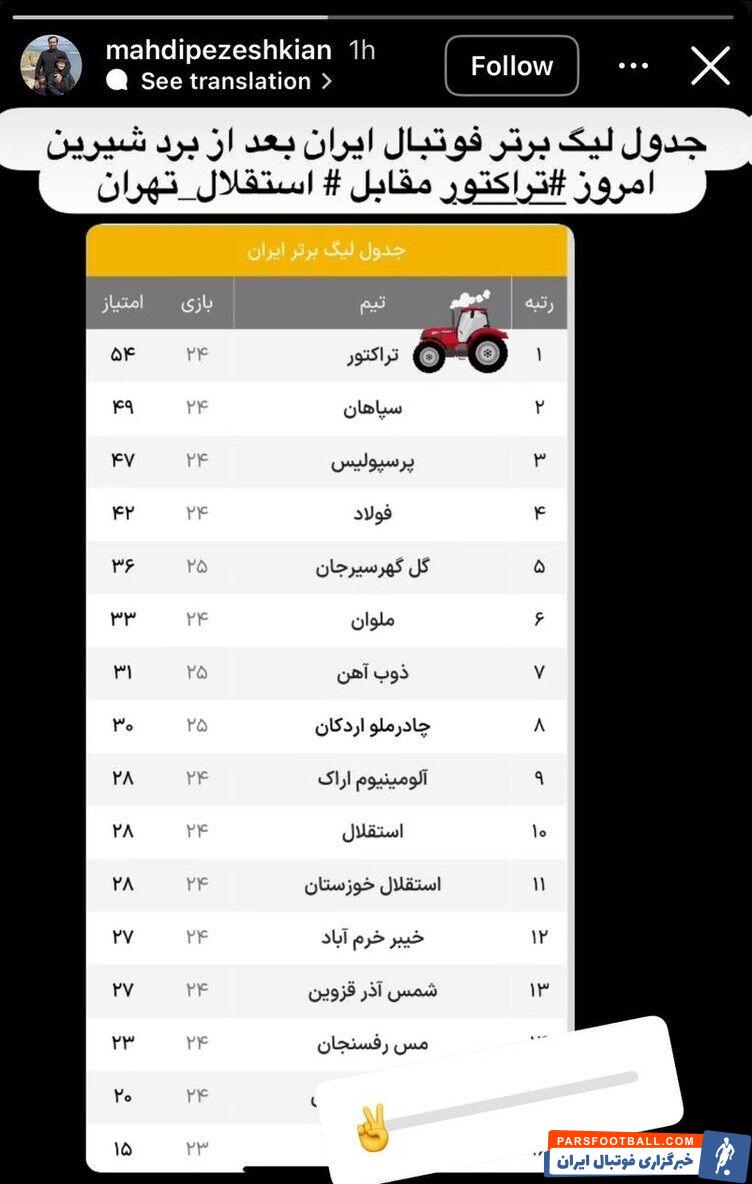 ابراز خوشحالی مهدی پزشکیان پسر مسعود پزشکیان از صدرنشینی تیم تراکتور