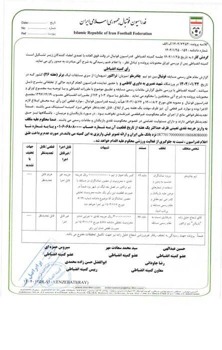 محرومیت خلیل‌زاده، کسر امتیاز از چادرملو و محرومیت تعلیقی خداداد و پیروانی