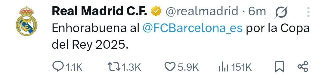 رئال مادرید به قهرمانی بارسلونا در کوپا دل ری واکنش نشان داد