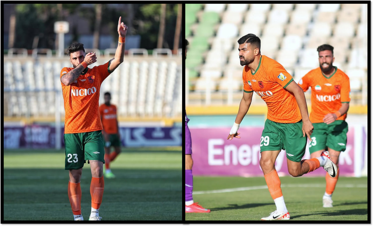 رضا جبیره و علی شجاعی بازیکنان مس رفسنجان در حال شادی گل پس از گلزنی برابر هوادار تهران