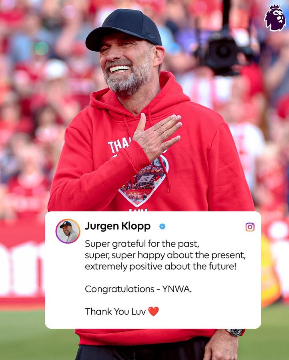 تبریک قهرمانی لیورپول در لیگ برتر انگلیس توسط یورگن کاوپ