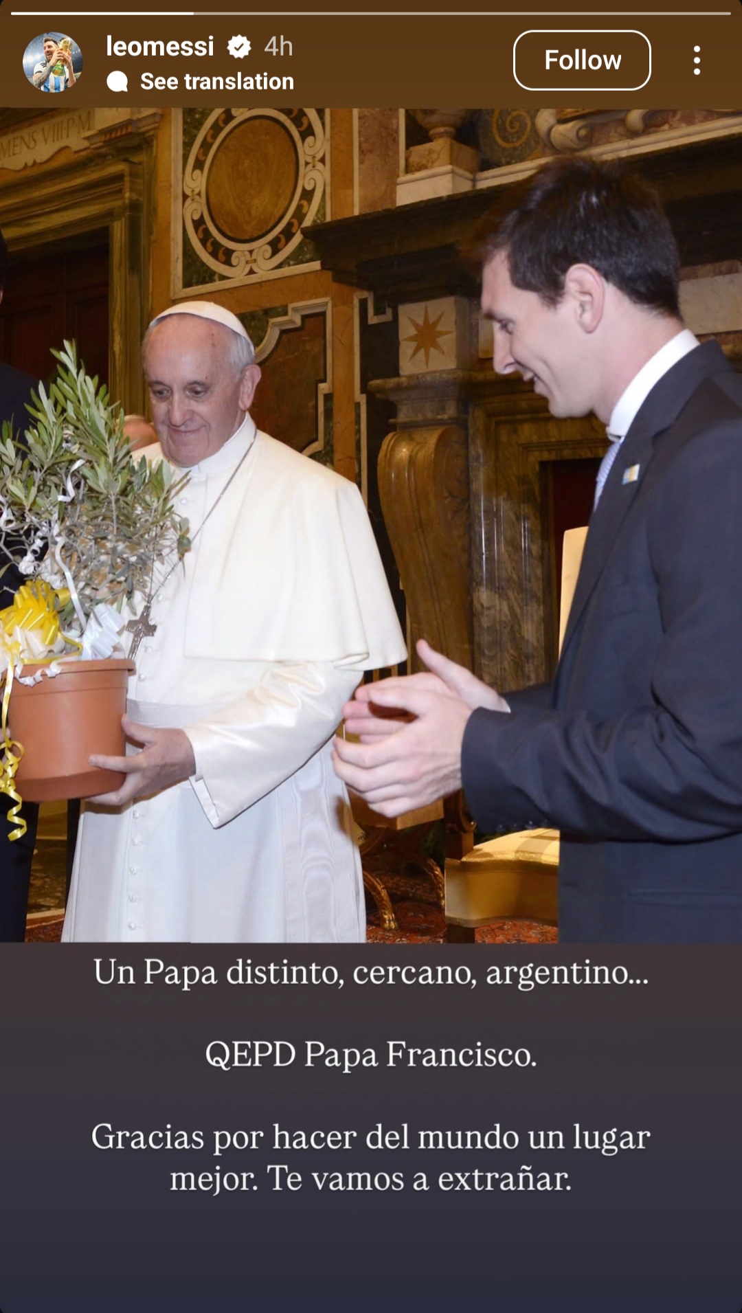 واکنش لیونل مسی به درگذشت پاپ فرانسیس