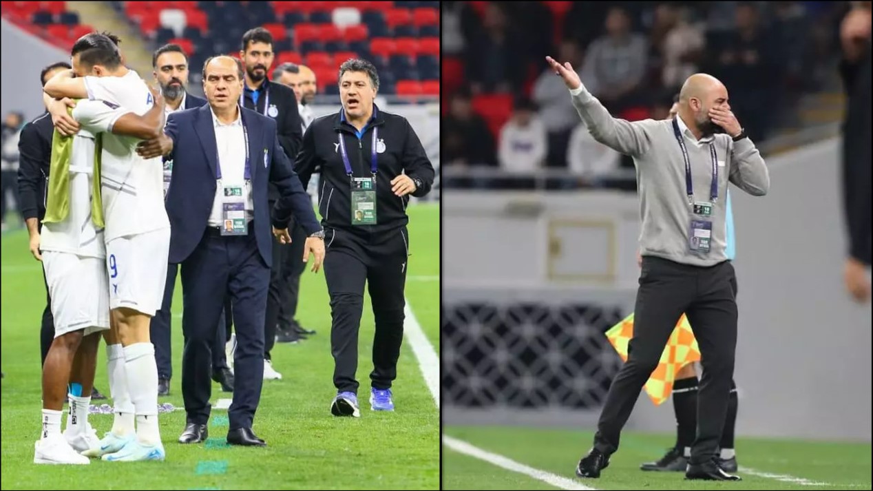 سهراب بختیاری زاده و محمد نوازی در روی نیمکت باشگاه استقلال در کنار شادی گل محمدرضا آزادی در بازی استقلال و الریان