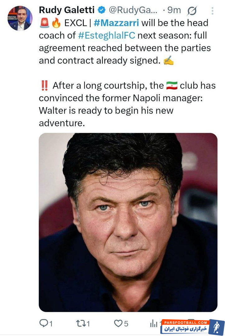 رودی گالتی خبرنگار ایتالیایی: ماتزاری با استقلال قرارداد امضا کرد