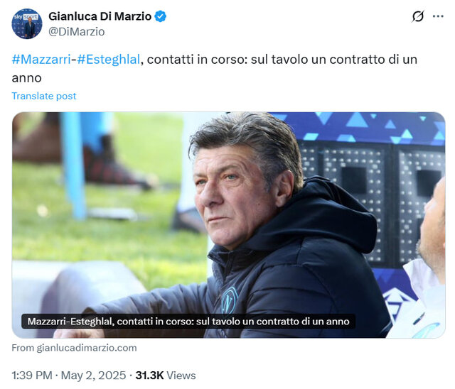 ادعای خبرنگار ایتالیایی: قرارداد یک‌ساله ماتزاری با استقلال امضا شد