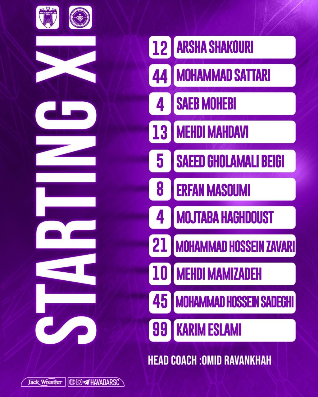 ترکیب تیم هوادار تهران در بازی هفته بیست و نهم برابر سپاهان