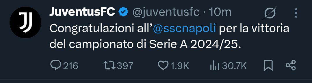 تبریک قهرمانی ناپولی در سری آ توسط باشگاه یوونتوس
