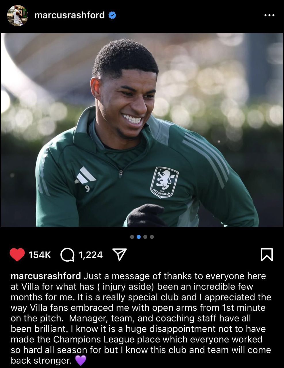 پیام خداحافظی مارکوس رشفورد از هواداران استون ویلا