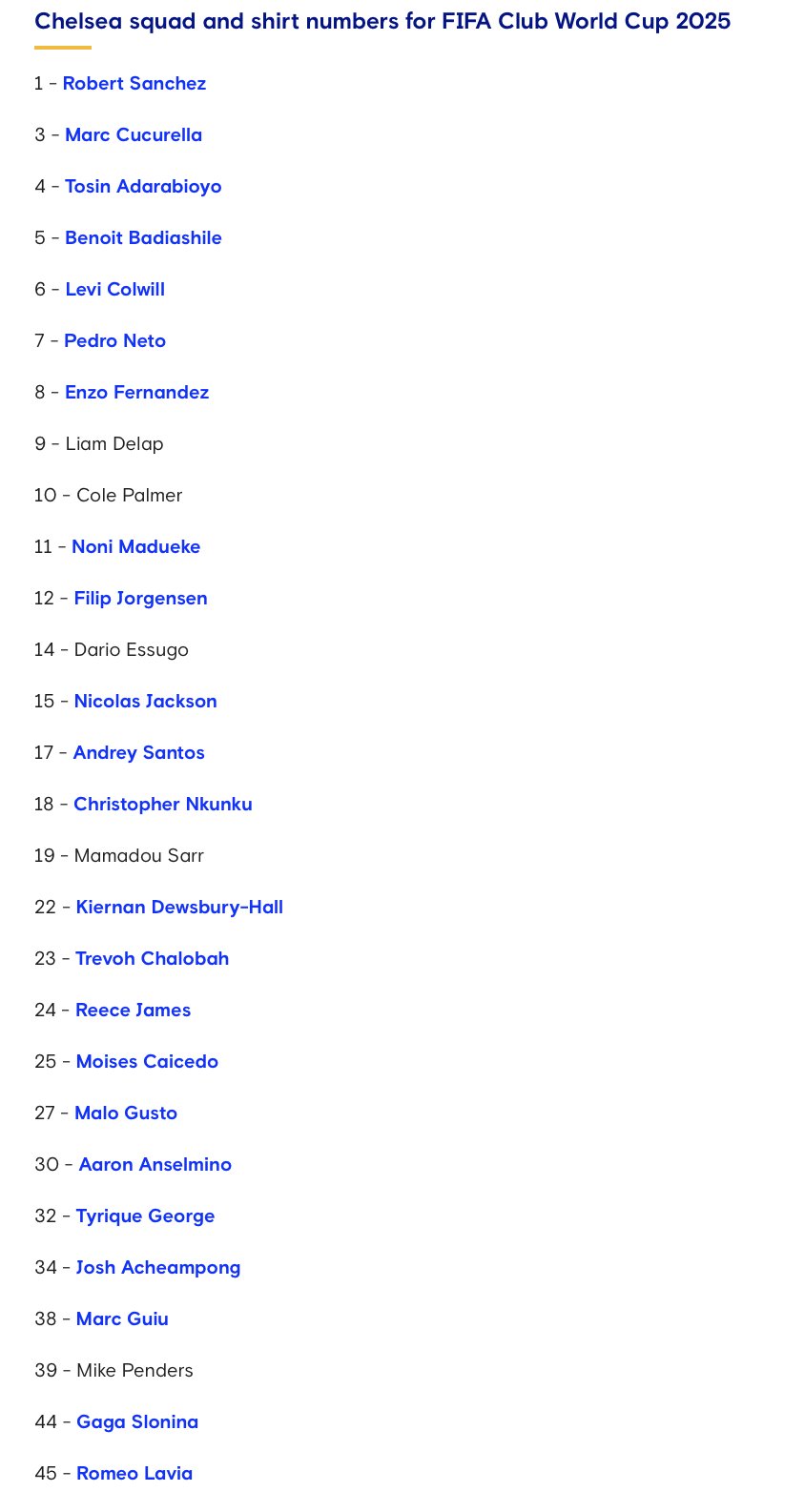لیست چلسی برای جام جهانی باشگاه‌ها ۲۰۲۵